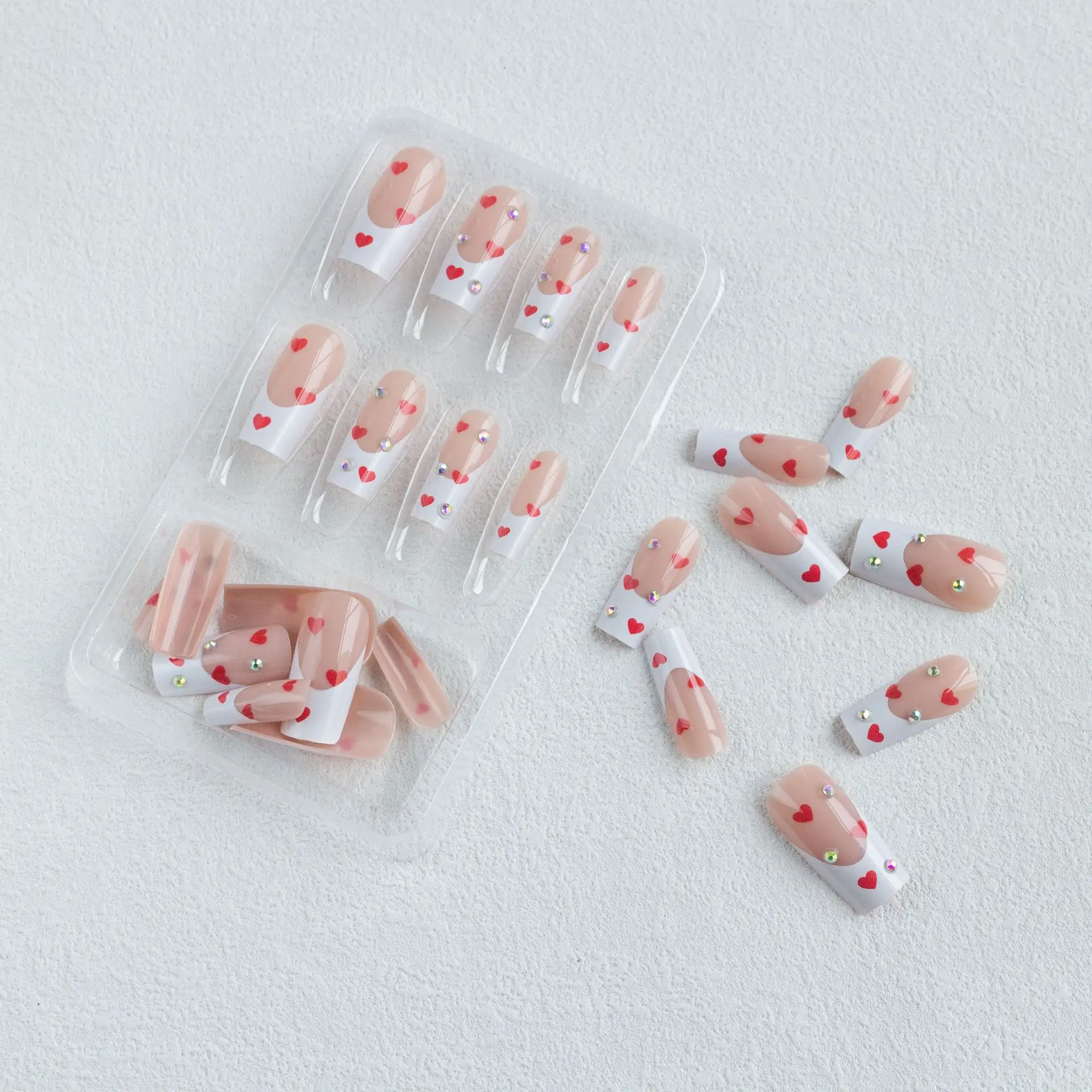 Design X-0108 Ready To Ship ABS Wholesale Full Cover red heart white French Fake Nails 24Pcs Press On Nails