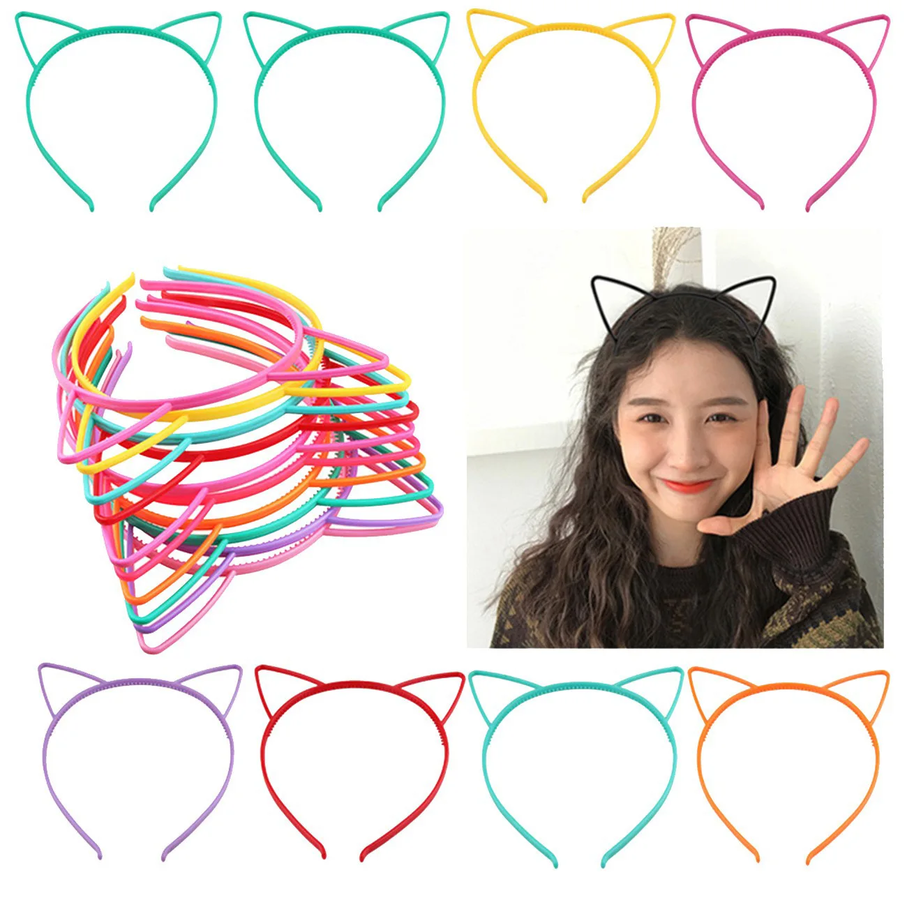 Jiamu Hot Selling Multicolor Simple Fashion Cat Ear Headband Korean Style Plastic Cat Ear Hair Band For Women Girls