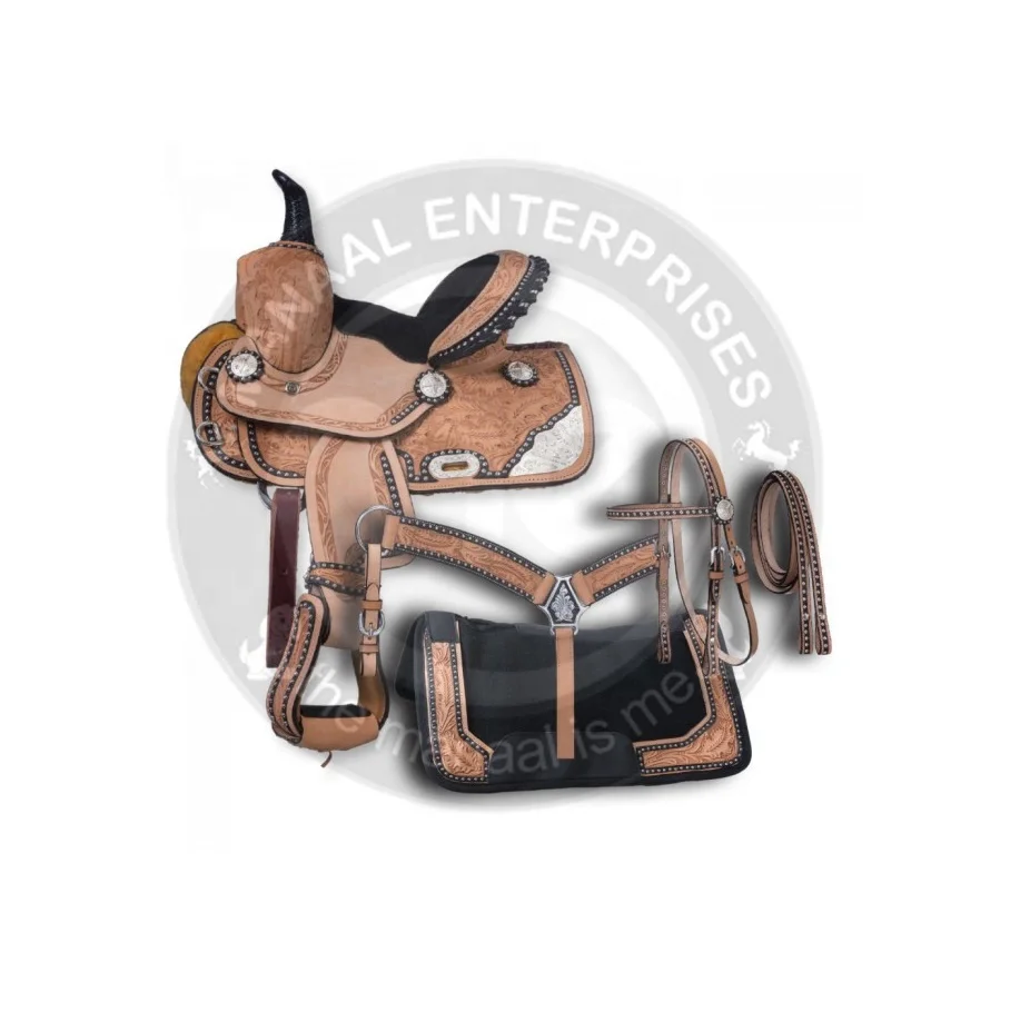 Manaal Enterprises Premium Leather Western Barrel Racing Adult Horse Saddle Get Headstall, Breast Collar, & Reins, Size 14 to 18