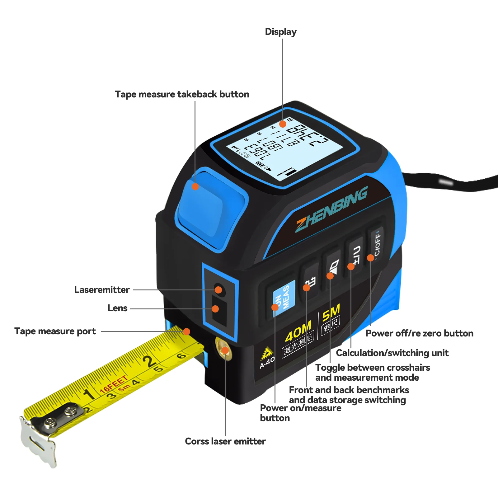 ZHENBING 5m Tape Measure LCD Display Distance Meter Building Area Surveying Equipment Laser Tape Measure Selflocking Steel Ruler