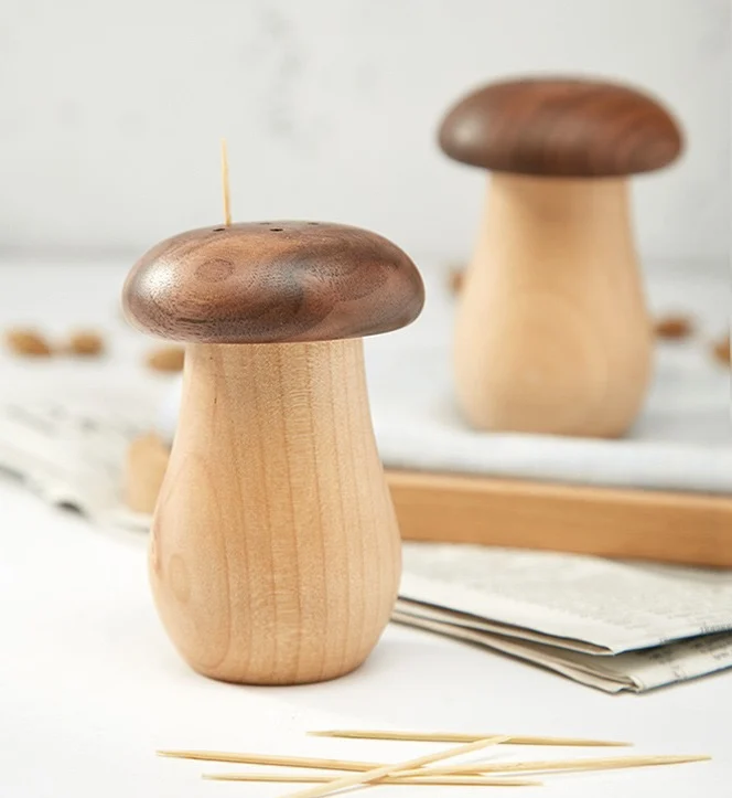 JINNS beech wood cute mushroom shape toothpick dispenser holder box jar for home kitchen