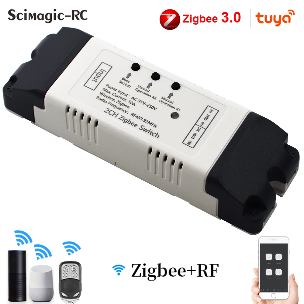 Zigbee 3.0 Gateway 2CH RF 433Mhz Smart Home Switch 220V WIFI Tuya Remote Control Light Switch 10A Self-locking Inching Relay