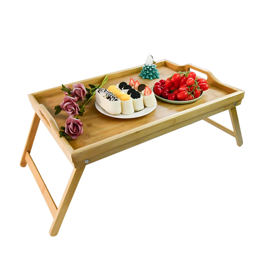 Large Adjustable Bamboo Breakfast Bed Table Serving Tray Laptop Computer Tray with Folding Legs&Handle Fits for Adult Kid Eating