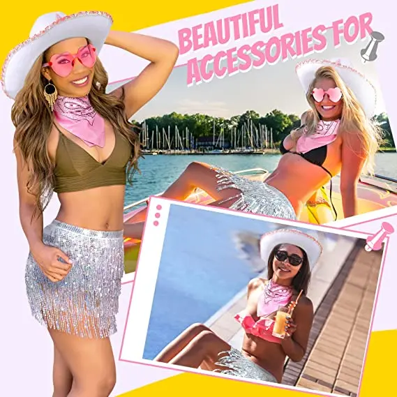 4 Pcs Cowgirl Costume Outfits for Women Cowboy Bachelorette Hat  Skirt Heart Shape Glasses Disco Bachelorette Party Accessories