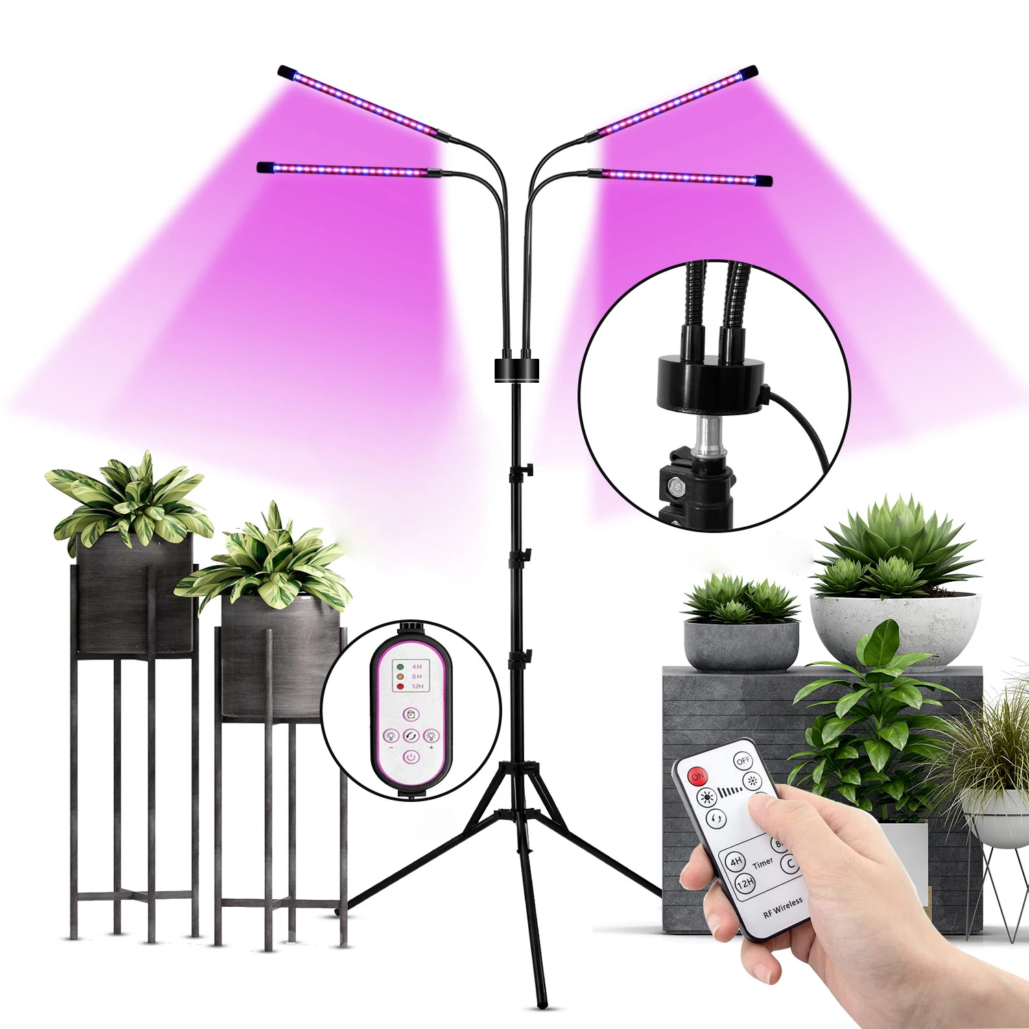 Folding tripod plant lamp LED four-head RF remote control plant lamp full spectrum plant growth lamp