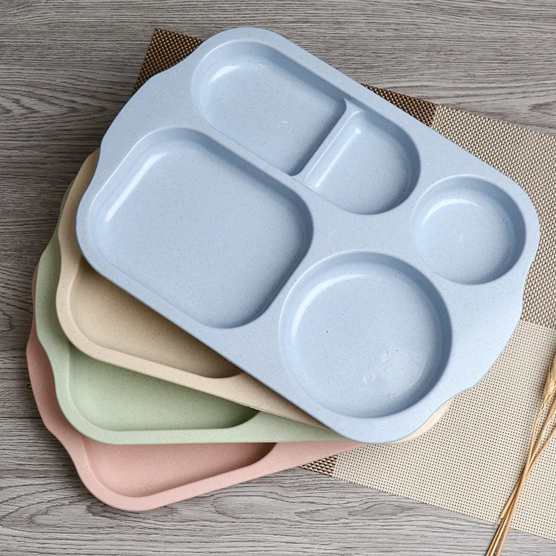 12 Inch Unbreakable Divided Plates Section Plates Kids Food Tray 5 Compartment Plates Wheat Straw Toddlers Lunch Trays
