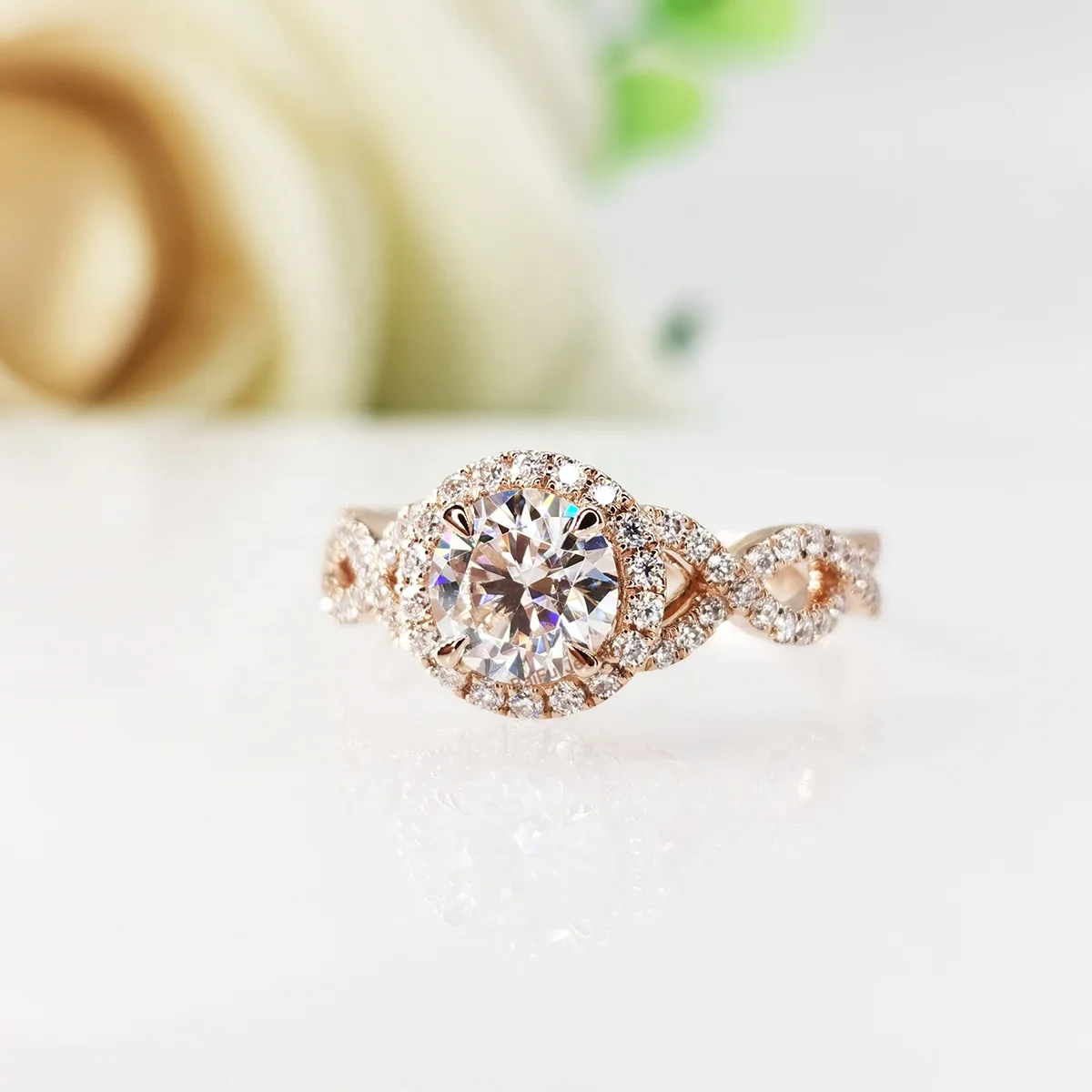 18K 14K rose gold halo twist engagement ring with DEF moissanites