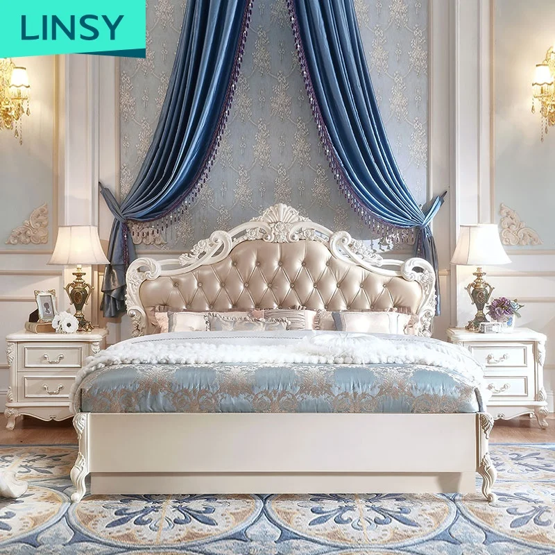 French Wooden Timber Queen Size Leather Modern Bed Frame Furniture