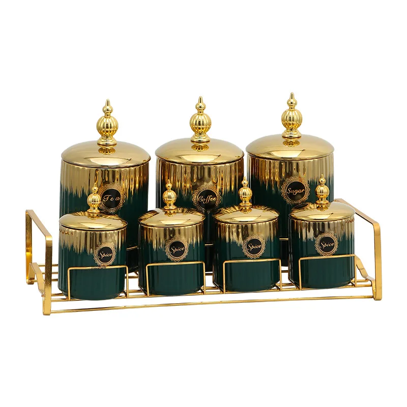 Spicy Pot Set Rack Condiment Pot Set BIYOU and Gold Hot Selling Middle East Arabic Style Ceramic 7, for Family Kitchen Food
