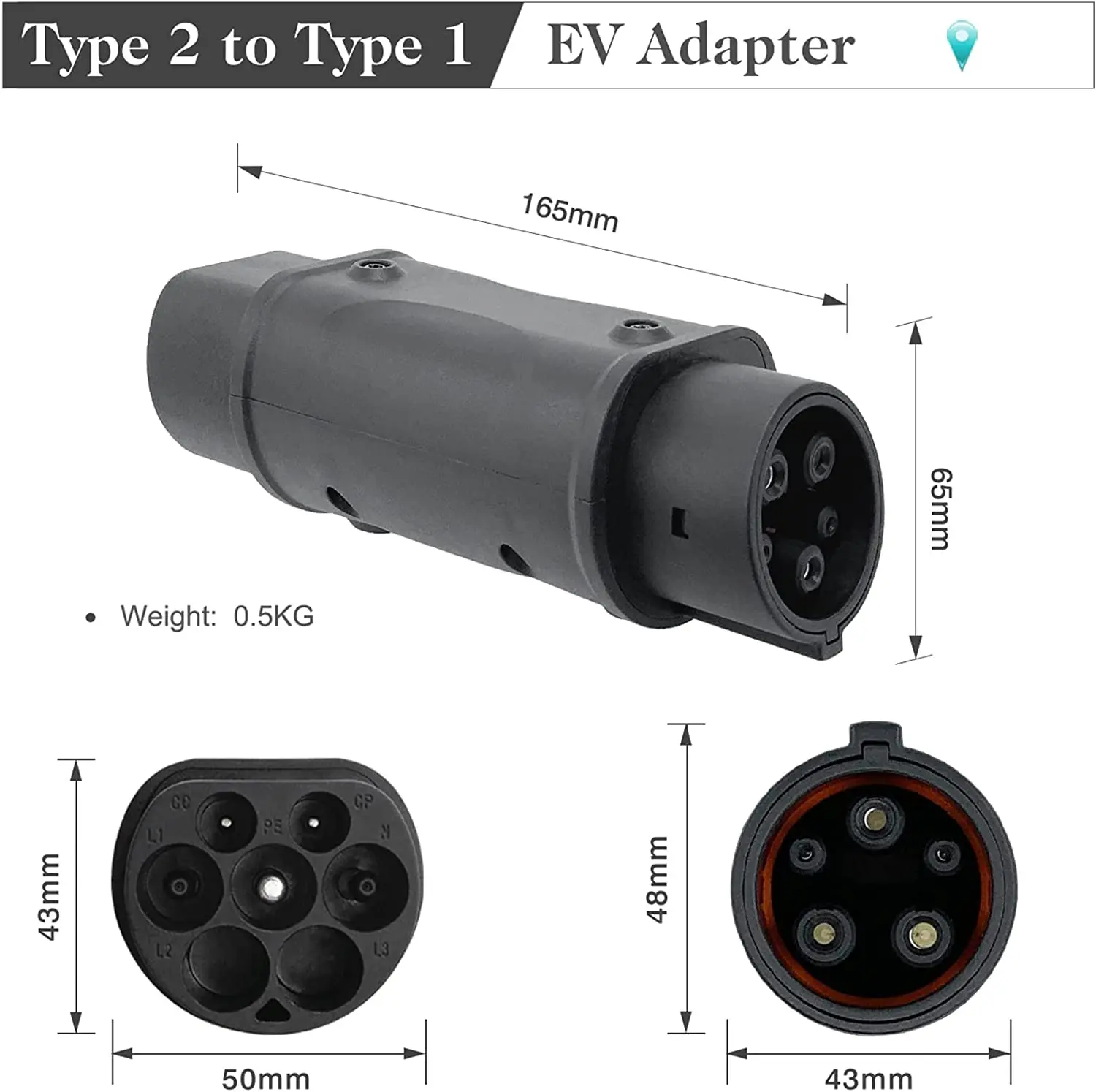 16A/ 32A  Type 2  to Type 1 EV Charging Adapter Type 2  Ev Connector for EVSE  Side  Travel Converter