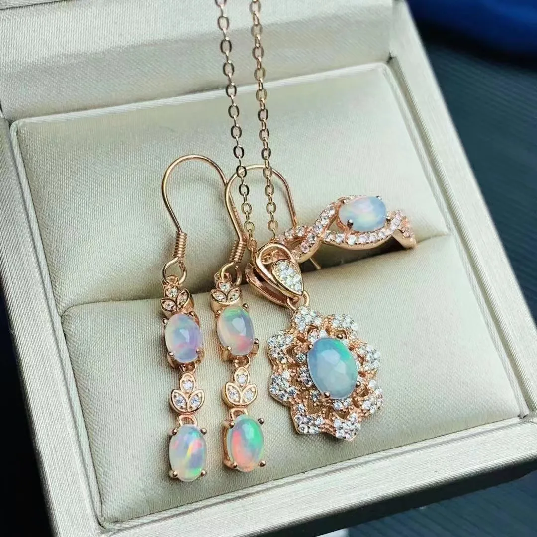 Good Price Moroccan Bride 925 Sterling Silver Pave Luxury Natural Opal Earrings Jewelry Sets For Women