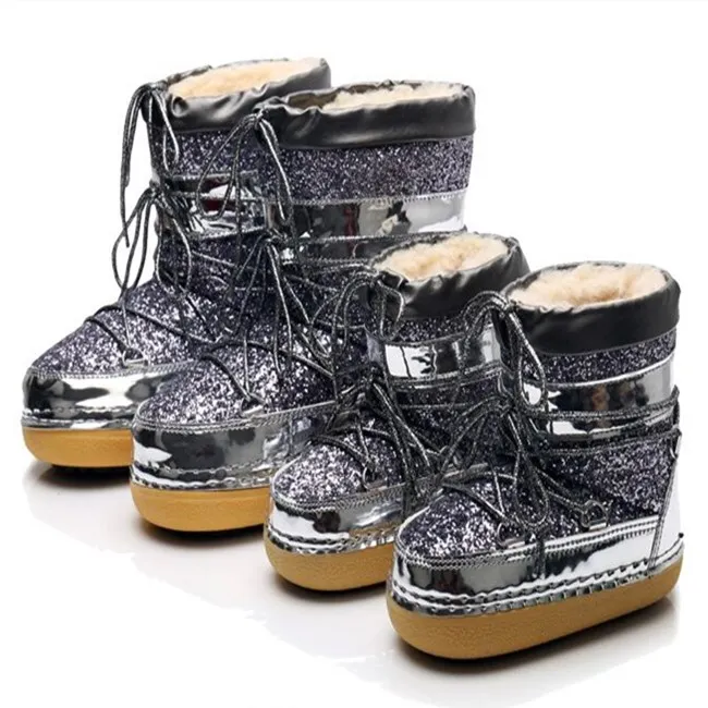 Winter hot soled sequined lace-up warm fleece fashion and comfort non slip waterproof moon shoes for women