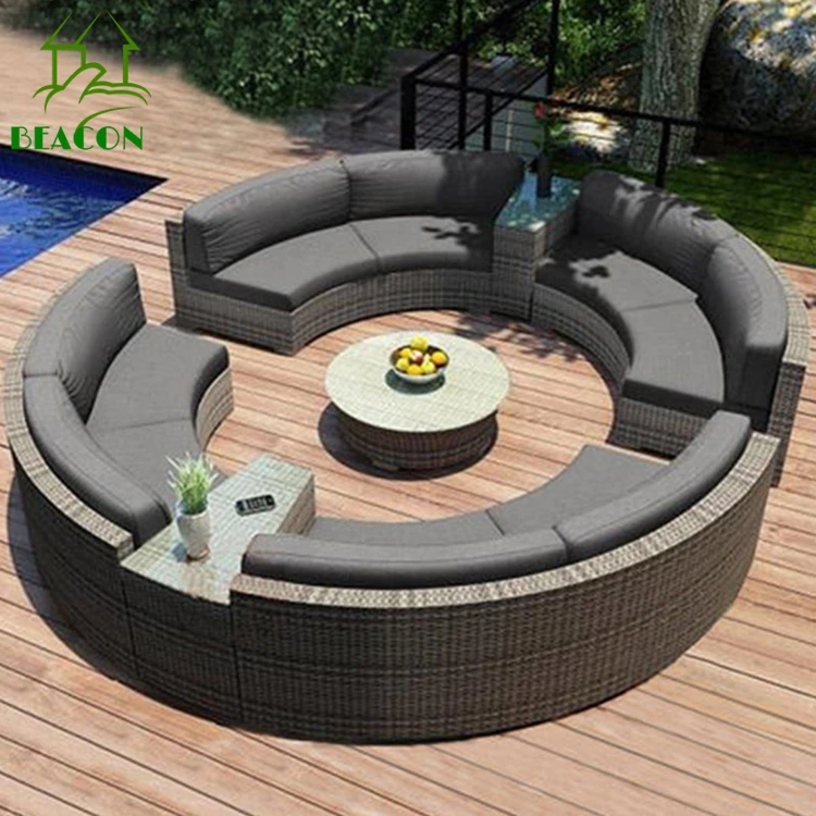 Curve patio garden sectional furniture big rattan round sofa set large red cushion semi circle patio furniture set