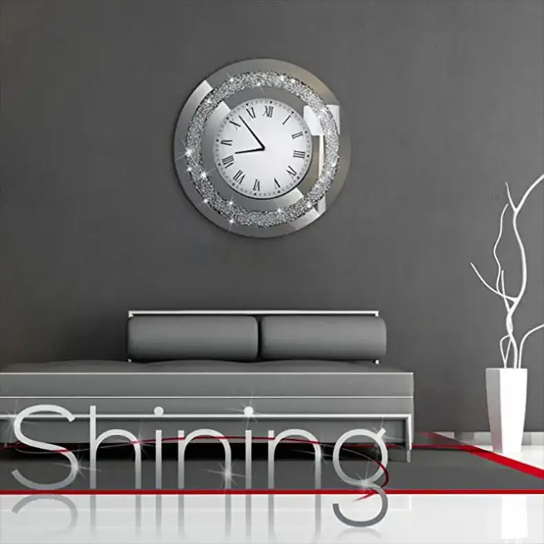 Silver Round Mirror Clock Crystal Crush Diamond Mirrored Sparkle Twinkle Bling Diamond Decor Large Wall Clock for Decoration