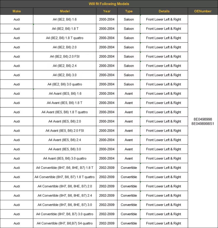 12pcs High Quality Suspension parts Front Upper Control Arm Kit for Audi A4 A6 B7 B6 8E0407151E 8E0498998