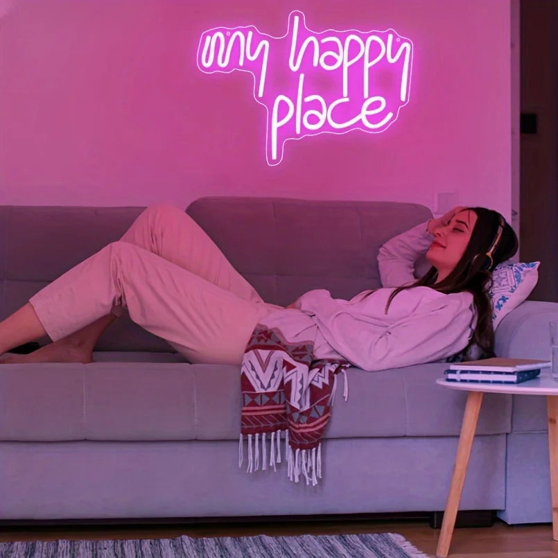 1 pc My Happy Place Neon Sign LED Light up for Wall Decor Pink Neon Lights Neon Letters Room Aesthetic Accessory