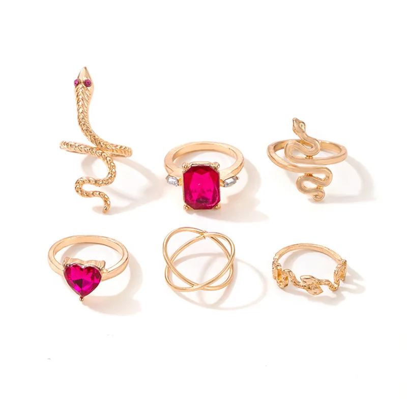 Heart and square ruby diamond inlaid serpentine cross ring 6-piece set unisex fashion six pieces ring set