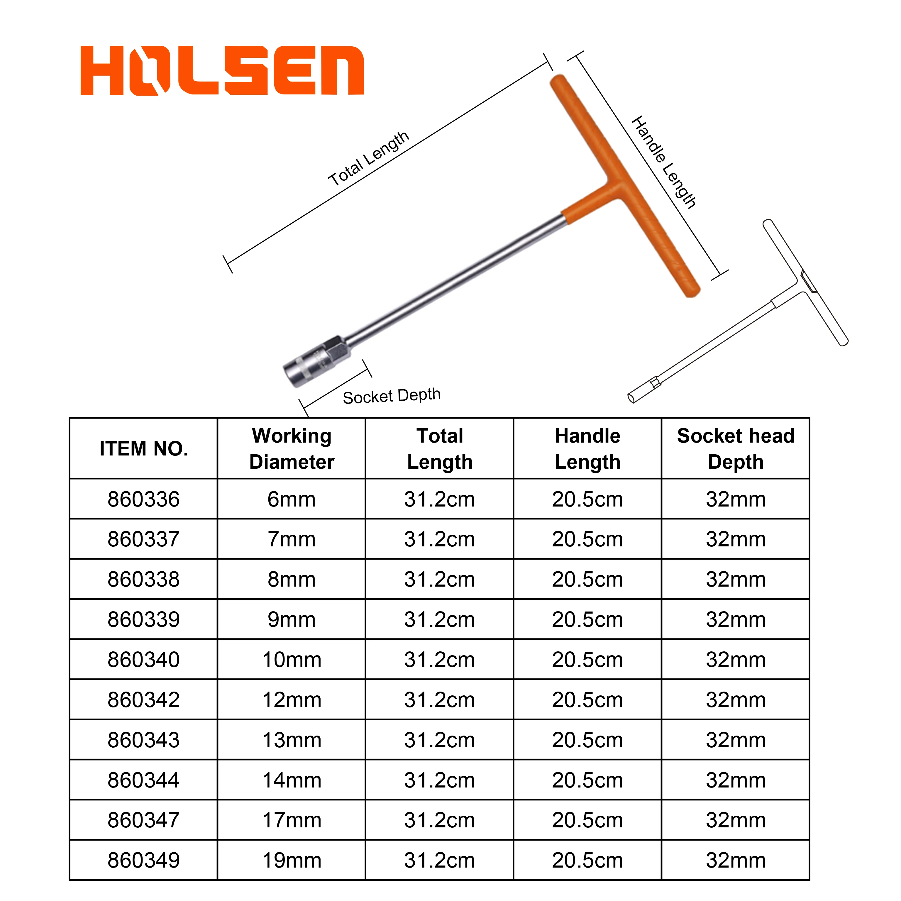 Holsen Factory Professional Heavy Duty 6mm-19mm  T-Type CRV T Bar  Socket Wrench Set