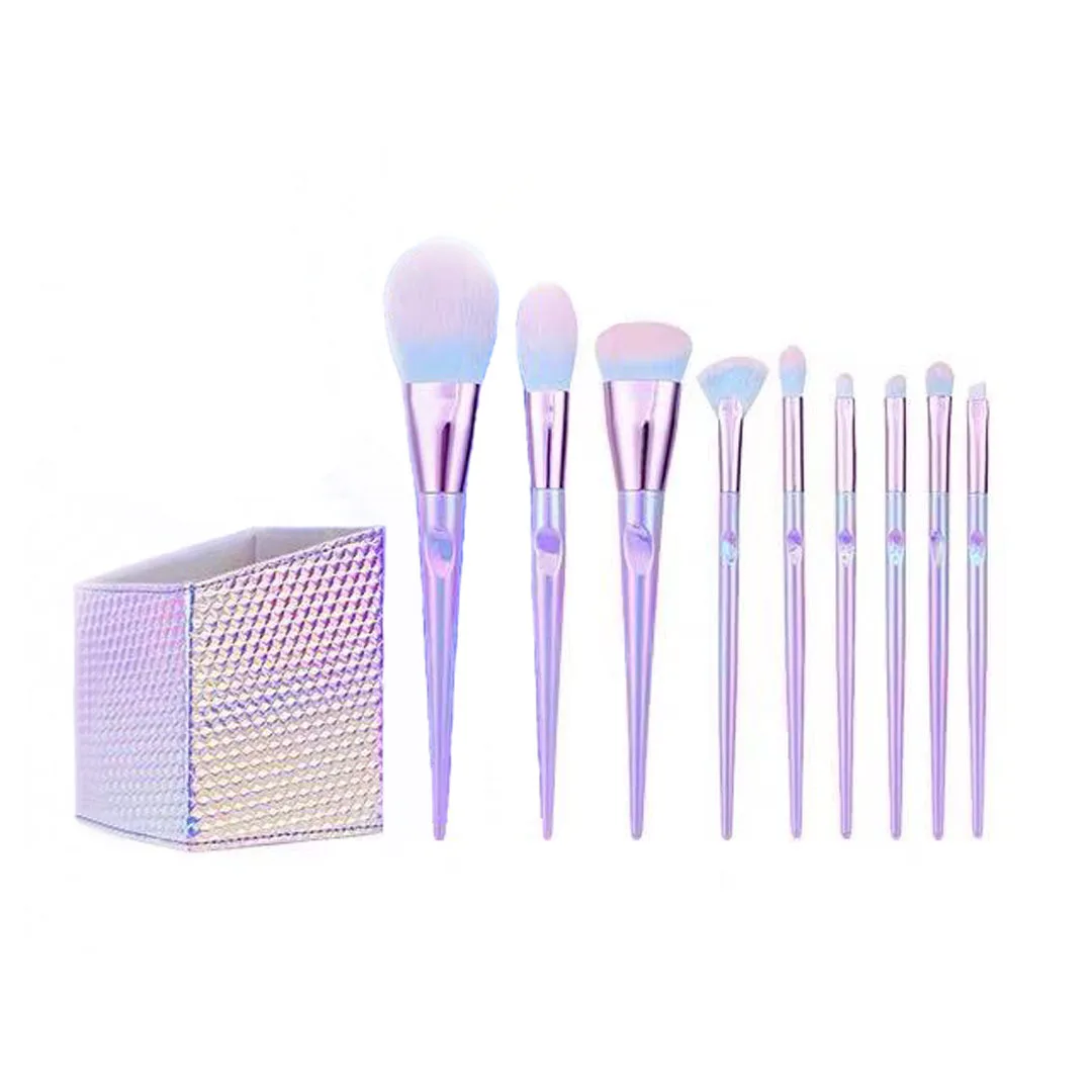 Colorful Handle Mermaid Makeup Brush Set 9 Pieces Makeup Brush For Beginners With Thumb Handle