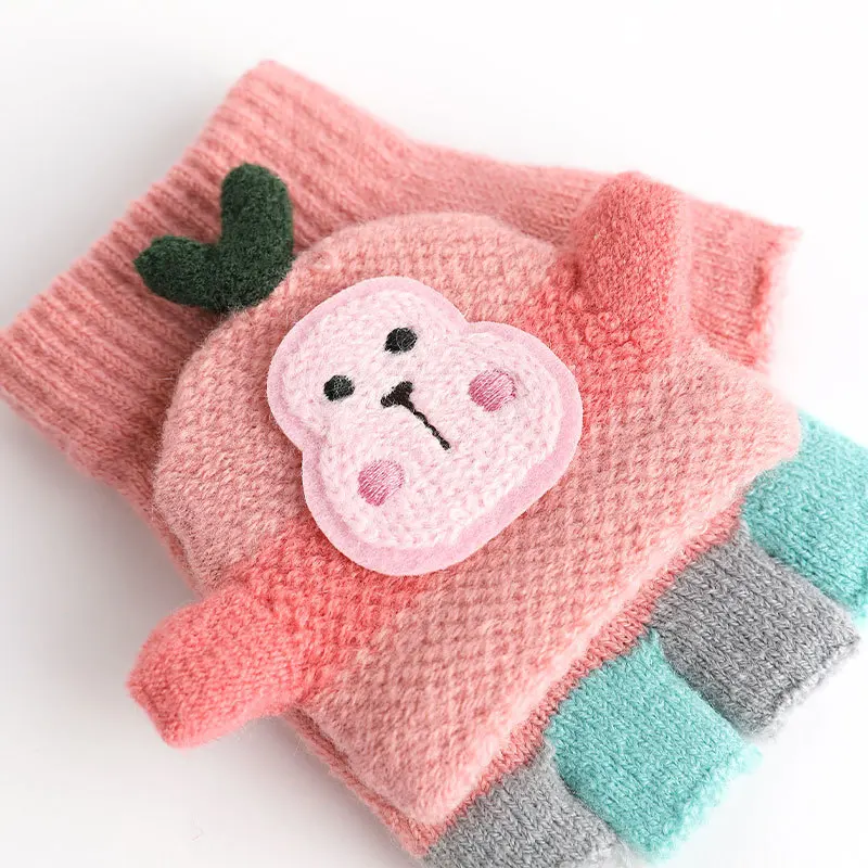 Kids Knitted Flip Cover Half Finger Gloves Cute Winter Warm Fingerless Cozy  Gloves for 2-6Y Children
