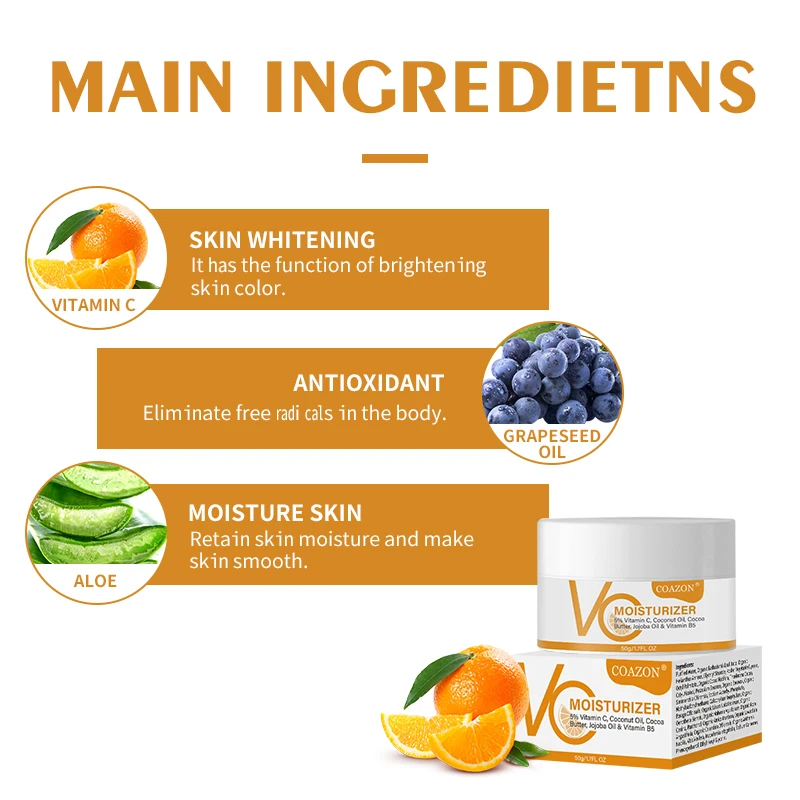 OEM Vitamin C Brightening Whitening Face Cream for Reduces Discoloration face Moisturizer Lotion with Hyaluronic Acid 1.7 oz