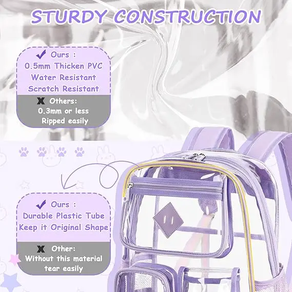 Clear Backpack Heavy Duty PVC Transparent Bookbag for Girls Stadium Approved See Through Backpack