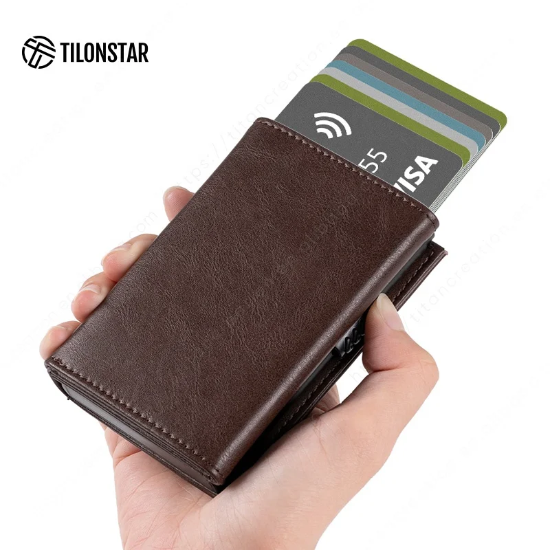 Всплывающий бумажник TILONSTAR из натуральной кожи с Rfid-защитой и карманом для монет, алюминиевый чехол с отделением для карт, держатель для кредитных карт, бумажники для мужчин