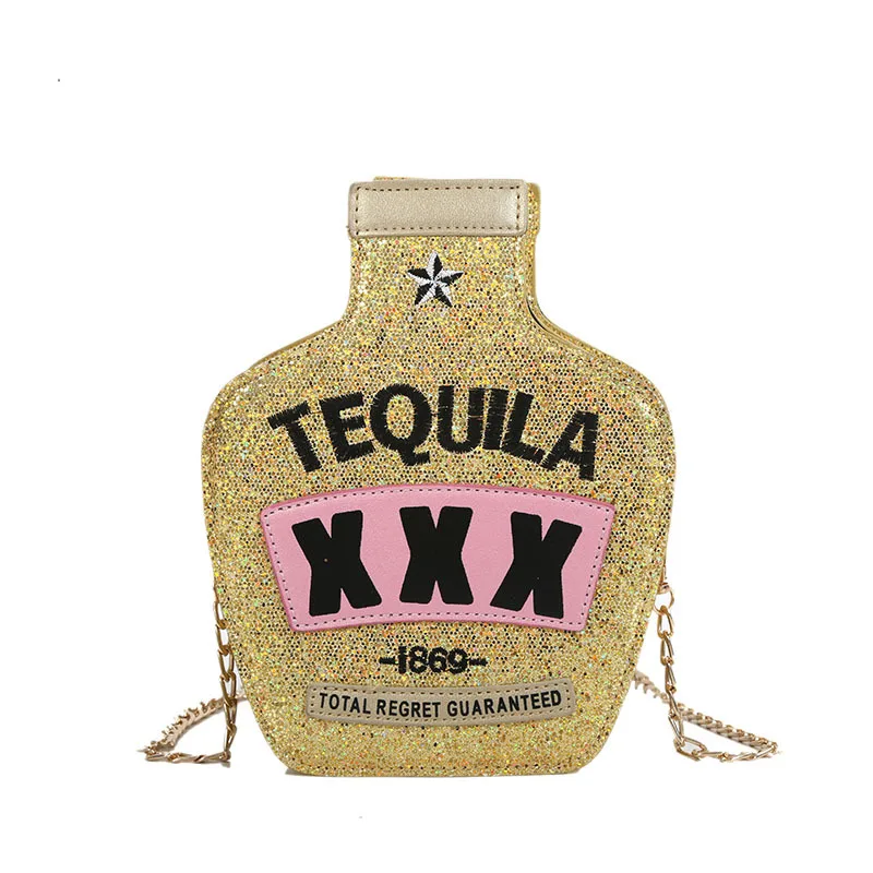 ANMAI Foreign trade sequin wine bottle shoulder bag reflective personality embroidery letter messenger bag