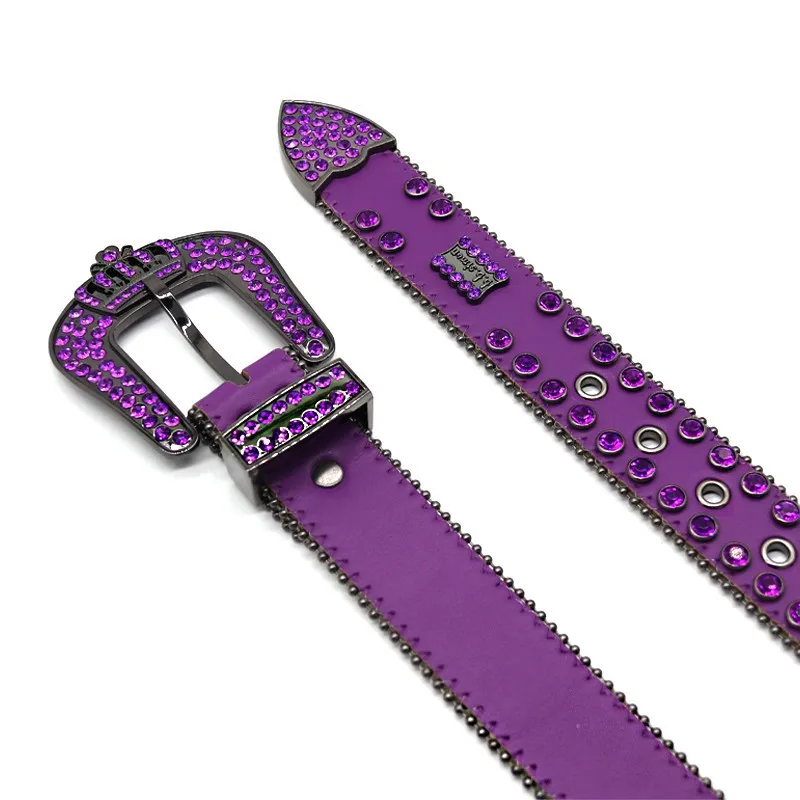New Arrival Royal Crown Buckle PU Rhinestone Belt Punk Studded Purple Diamond Woman Belts