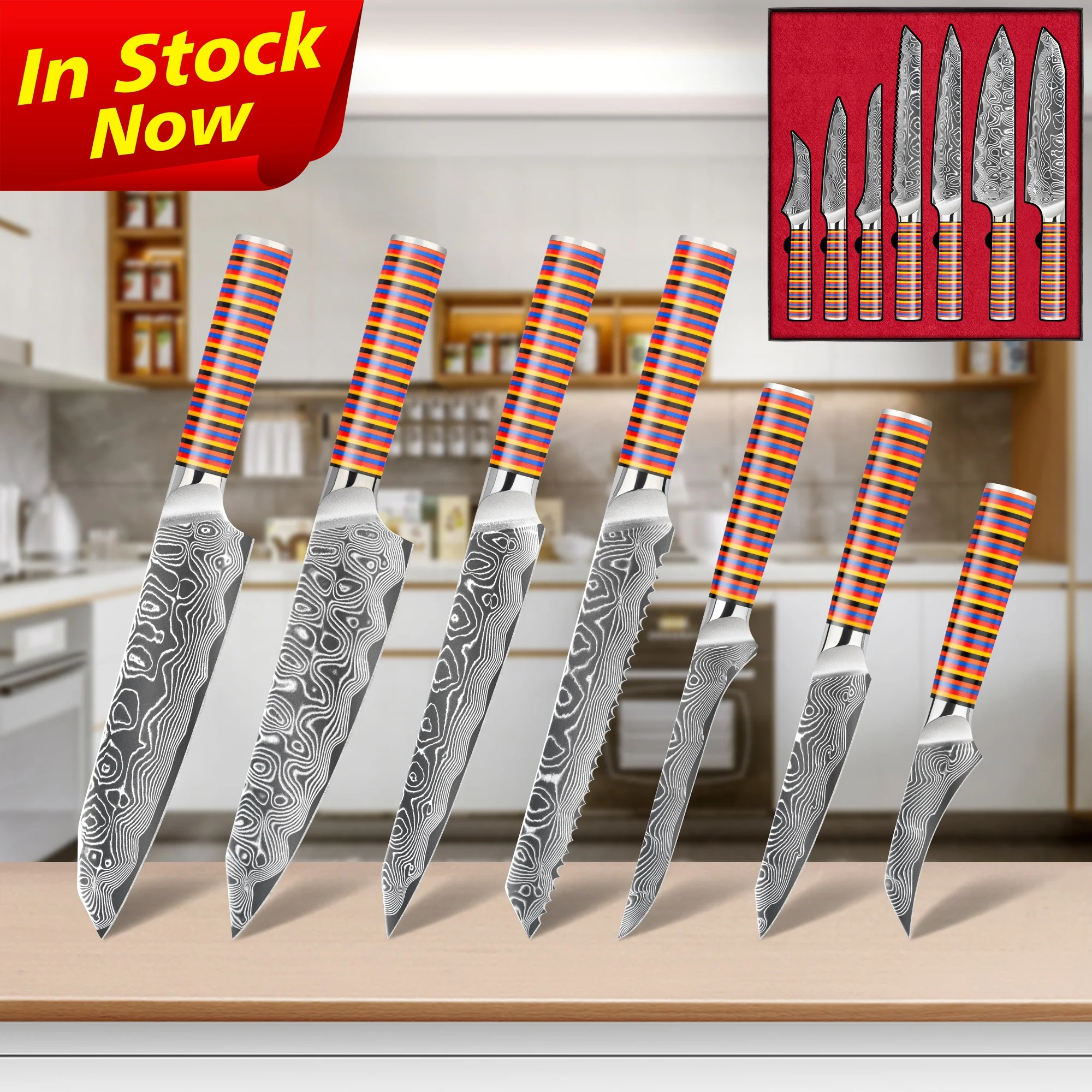 10% off RTS coloured kitchen knives set G10 Handle vg10 damascus knife set 62 hardness with rainbow G10 handle
