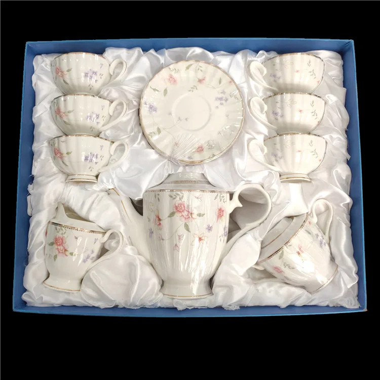 2020 high quality new bone china ceramic tea set tableware sets with flower for 6 person tea pot cup and saucer