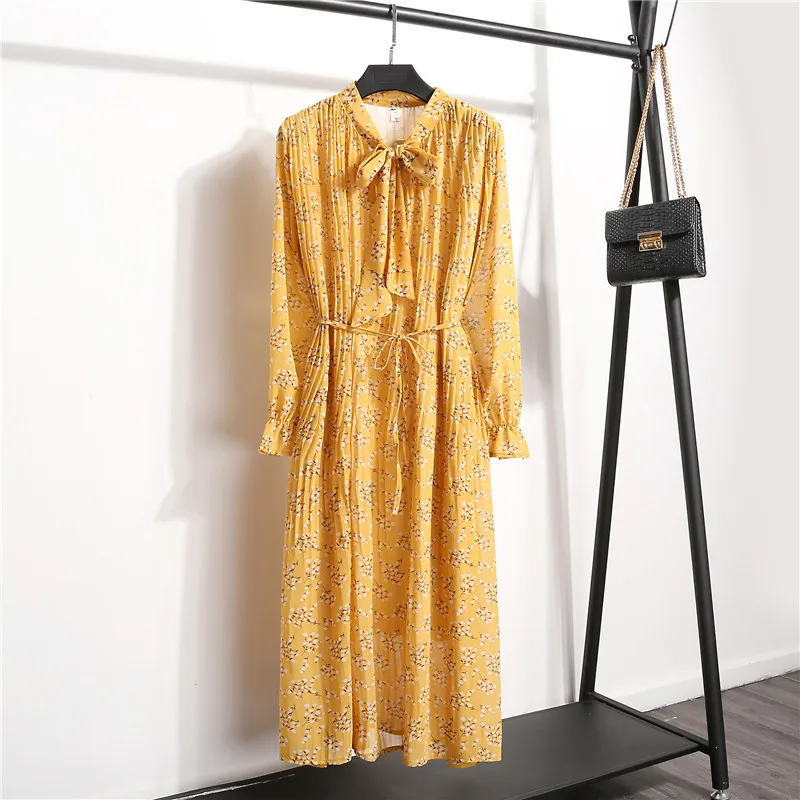 Korea elegant high quality long sleeves floral printed chiffon women dresses OC78