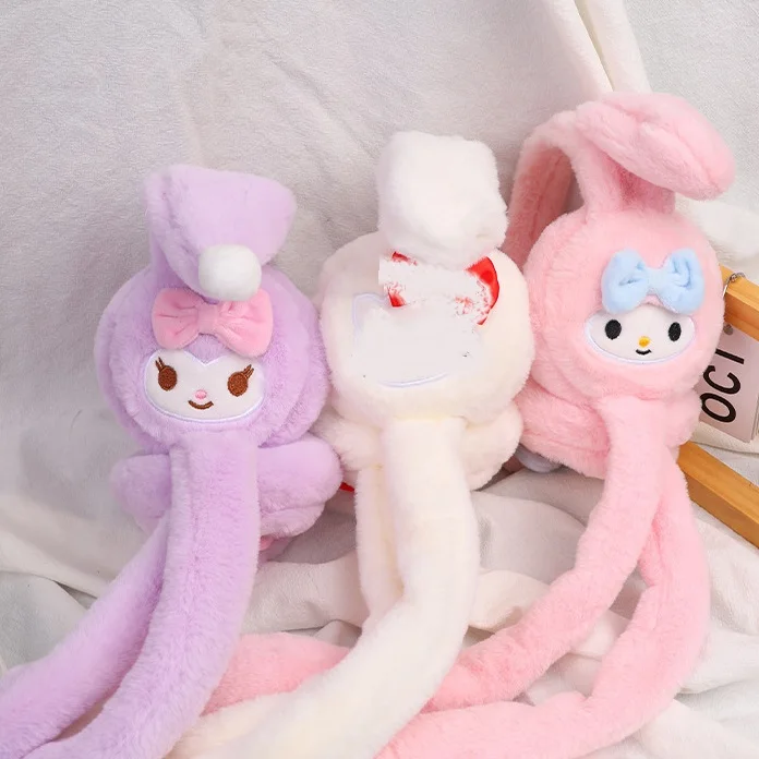 DHF Anime Sanrioed Kuromi Melody Pom Purin Plush Earmuffs Plush Ear Warmers With Moving Ears Winter Warm Antifreeze Earmuffs