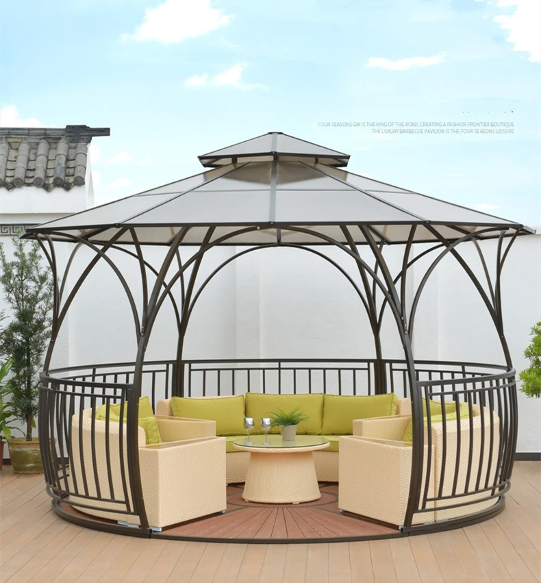 
New Style Customized Wpc Floor Garden Tent Pc Board Water Proof Roof Round Camping Outdoor Gazebo 