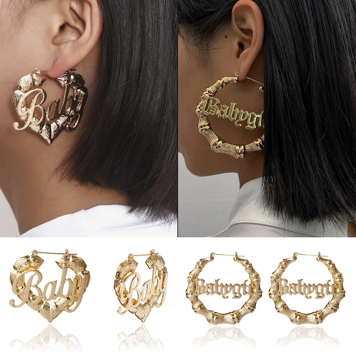 Chunky gold hoop letter baby earrings bamboos heart shape earrings