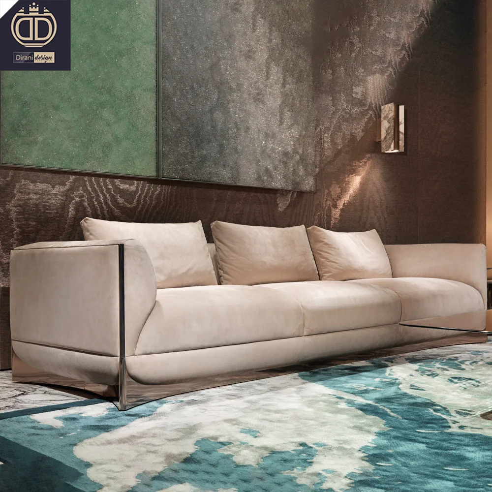 modern luxury upholstery genuine nubuck leather sofa high end villa Khaki color leather 3 seats sofa