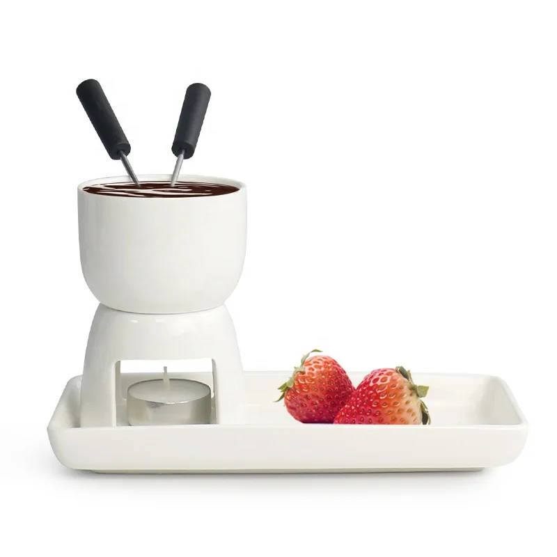 Hot sale Western Melting Pot White Chocolate Ceramic Fondue Set With Tray