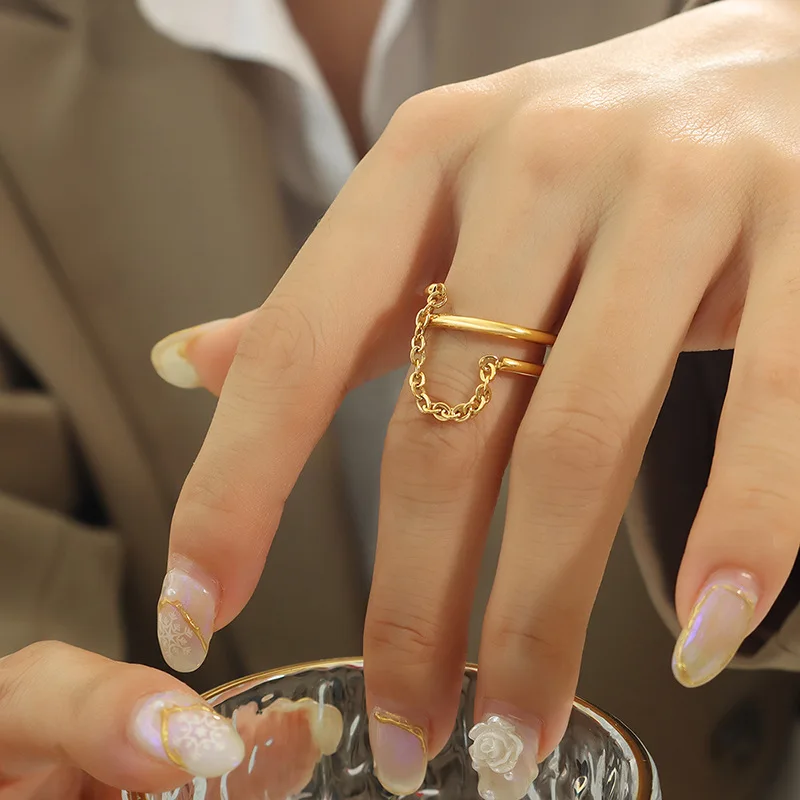 Newest Simple Index Finger Stainless Steel Double Layer Ring Popular 18K Gold Geometric Chains Tassel Finger Ring