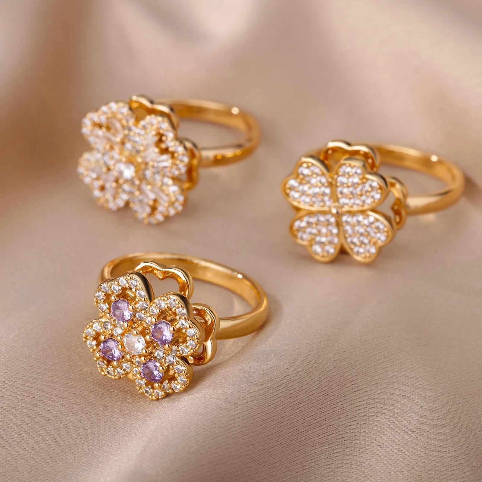 New Zircon Rotatable Four Leaf Clover Anxiety Rings For Women Anti-stress Fidget Spinner Adjustable Ring Aesthetic Jewelry Gift