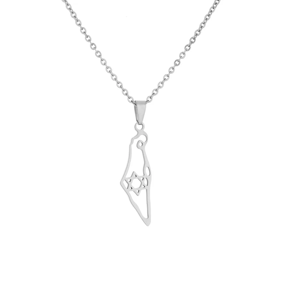 Stainless Steel Israel Map Pendant Necklace Hexagram Magen David Star of David Jewish Jewelry
