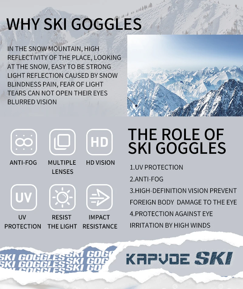 KAPVOE Outdoor Ski Goggles Anti Fog, Anti-Slip Silicone Elastic Strap Ski Goggles Triple layers Foam TPU Flexible Frame