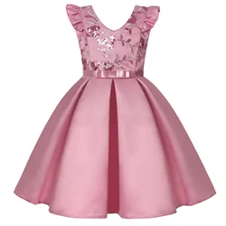 New Little Flying Sleeve Girls Dress Children Sequin Dress Skirt Festive Party Princess Dress