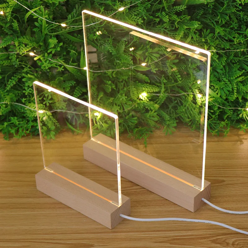 Wholesale Acrylic Night Light Message Writing Board With Rectangle Wood Base USB Led Night Light For Decoration