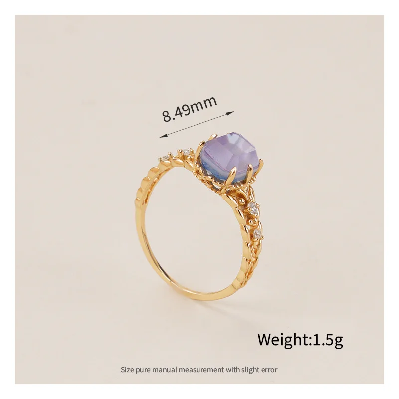 925 Sterling Silver 14K Gold Plated Gemstones Christmas Limited Happiness Olive Leaf Vintage Square Amethyst Ring