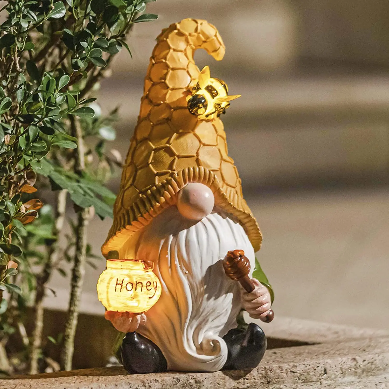 Garden Gnome Statue - Resin Spring Bee Gnome Figurine Holding Honey Jar with Solar LED Lights, Outdoor Spring Summer Decoration