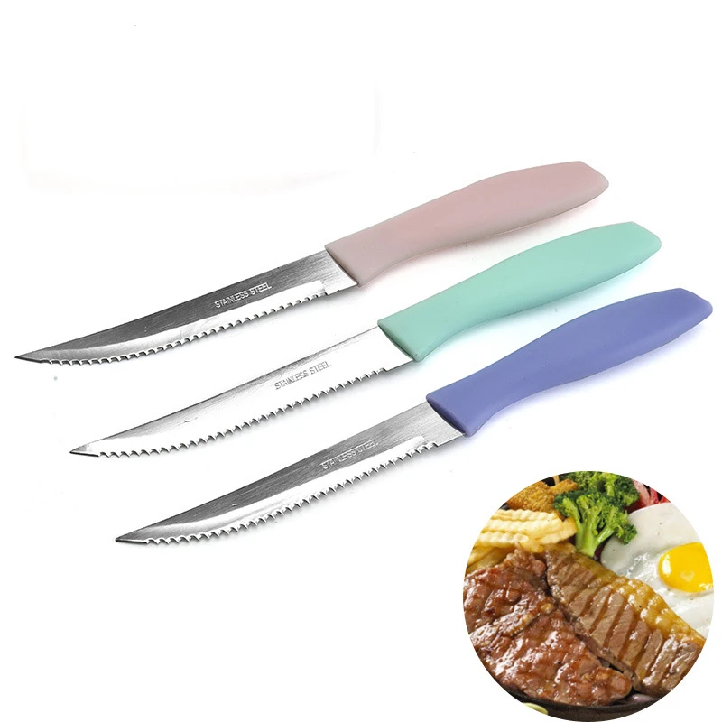 2021 3PCS Stainless Steel Pocket Knife Set Cutlery Vegetable Cutting steak Cheap Plastic Handle Long Teeth Small Fruit Knife