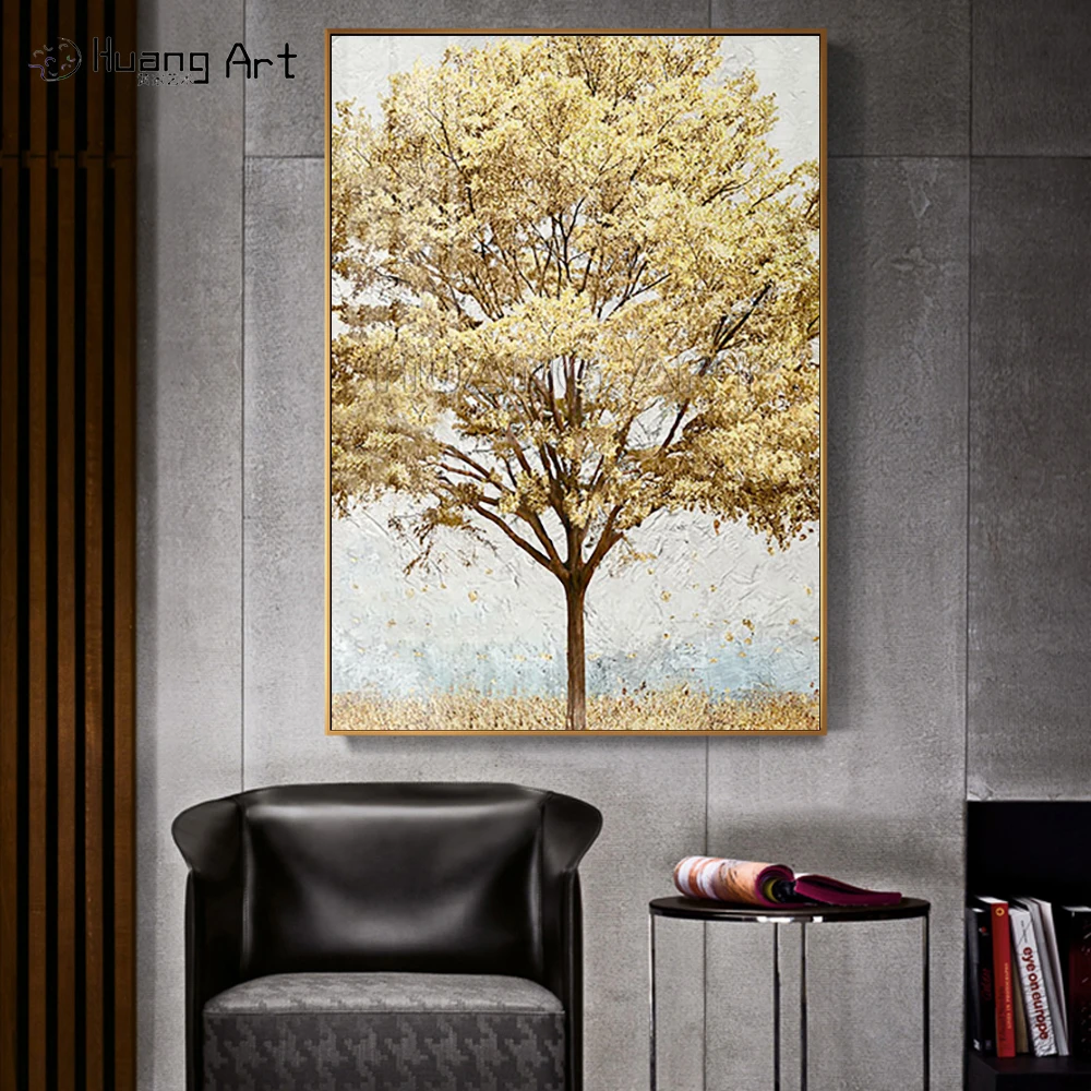 Hand Painted Golden Tree Oil Painting on Canvas Modern Abstract Rich Tree Painting for Living Room Decor Foil Gold Picture