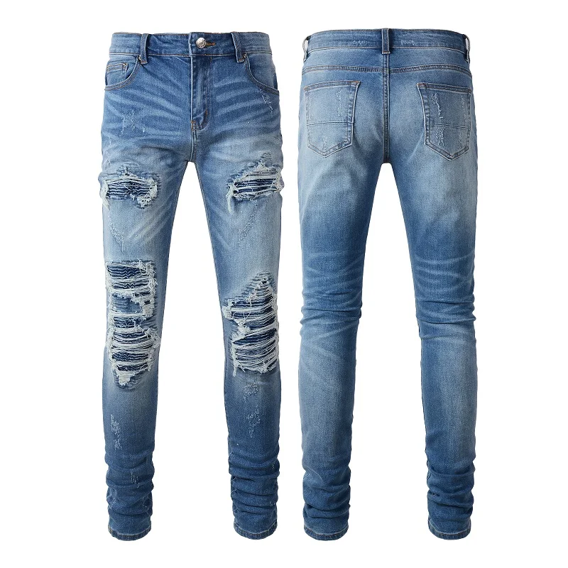 6513 wholesale blue patch denim homme pants high quality design fashion ripped slim fit stretch stacked pantaloon jeans for men