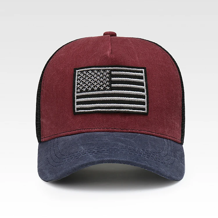 Wholesale High Quality Custom American Flag Embroidery Logo Manufacturer 5 Panel Vintage Mesh Trucker Hat Curved Brim