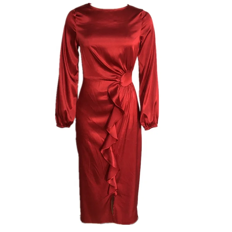 Новинка весна-осень 2021 элегантное официальное модное атласное драпированное платье миди с длинным рукавом
